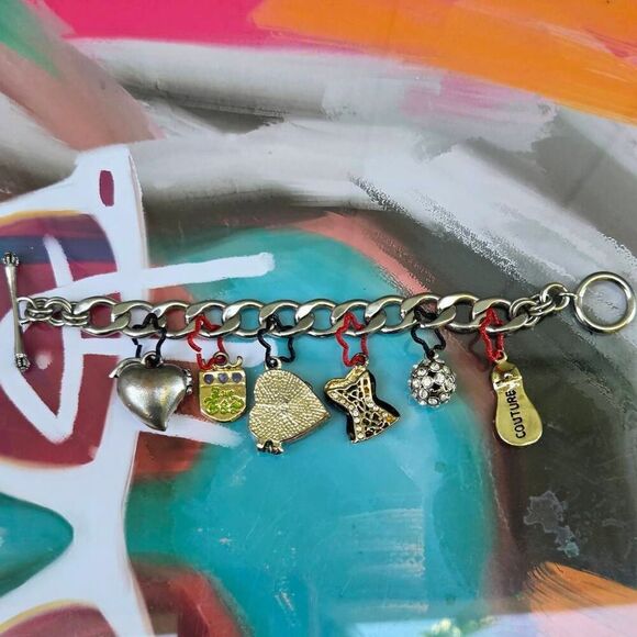 Juicy Couture Y2K Silver Plated Chunky Bracelet w/ Large Red/Black/Gold Charms - Picture 5 of 6